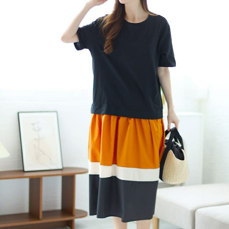 大きいサイズ レディース 配色切替えロングワンピース　goldy-1460 【メール便可】