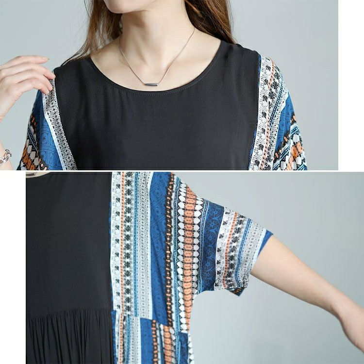 大きいサイズ レディース エスニック柄切替えギャザーワンピース　goldy-1483 【メール便可】