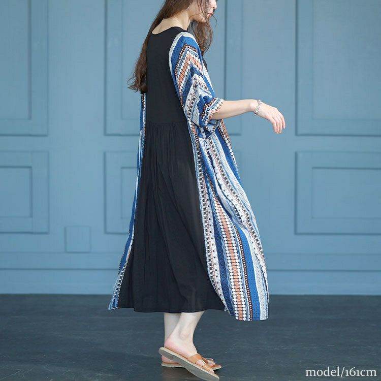 大きいサイズ レディース エスニック柄切替えギャザーワンピース　goldy-1483 【メール便可】