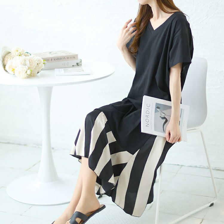 大きいサイズ レディース ストライプ切替えロングワンピース　goldy-1458【メール便可】