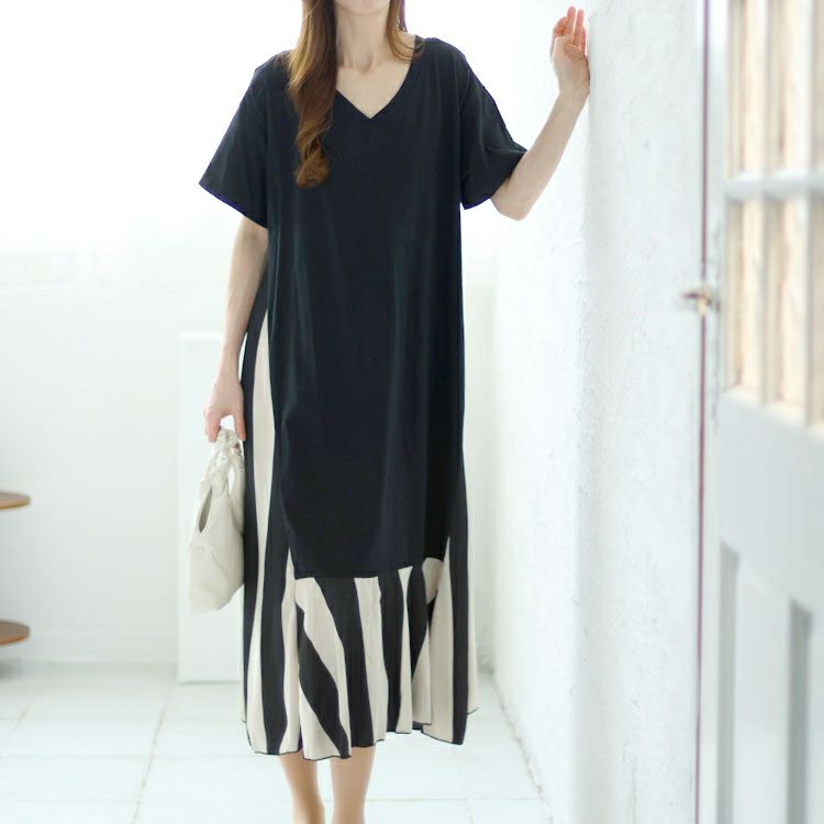 大きいサイズ レディース ストライプ切替えロングワンピース　goldy-1458【メール便可】