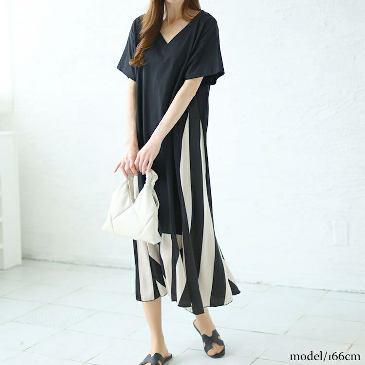 大きいサイズ レディース ストライプ切替えロングワンピース　goldy-1458【メール便可】
