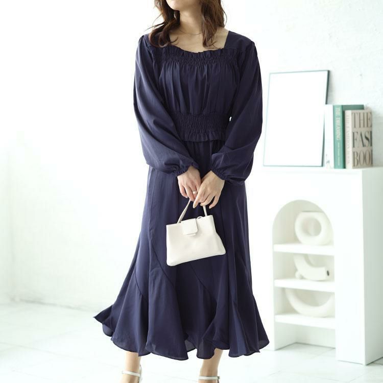 大きいサイズ レディース バックリボンエスカルゴワンピース　fem-412 ネイビー