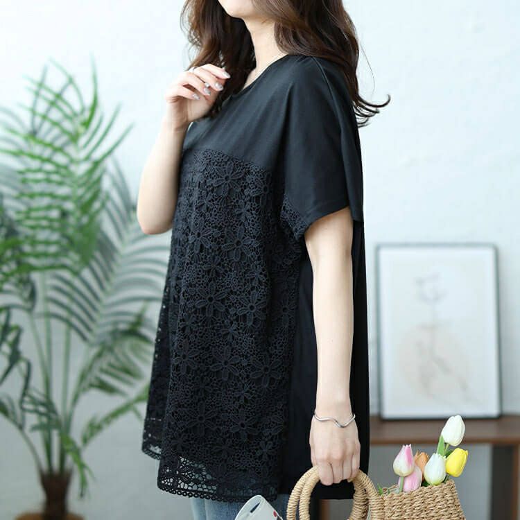 大きいサイズ レディース フラワーレース切替えドルマンプルオーバー　cast-5544024 【メール便可】