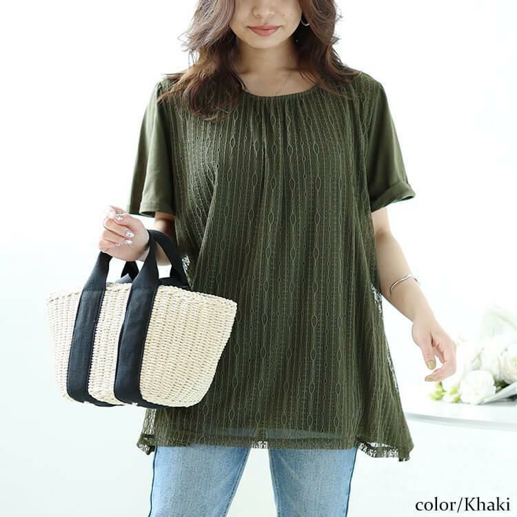 大きいサイズ レディース フロントストライプレースチュニック　cast-5544012 【メール便可】 カーキ