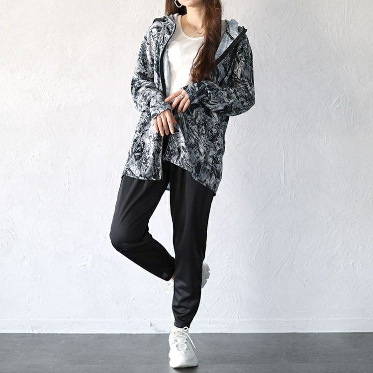 大きいサイズ レディース スモーク柄吸汗速乾ドライ指穴ジップパーカー＆テーパードパンツ2点セット　big-0002