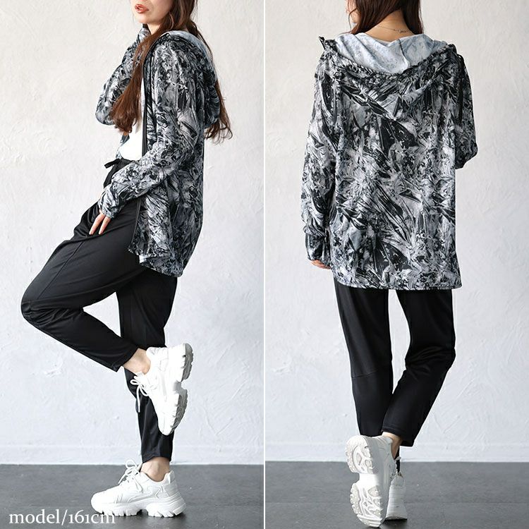 大きいサイズ レディース スモーク柄吸汗速乾ドライ指穴ジップパーカー＆テーパードパンツ2点セット　big-0002