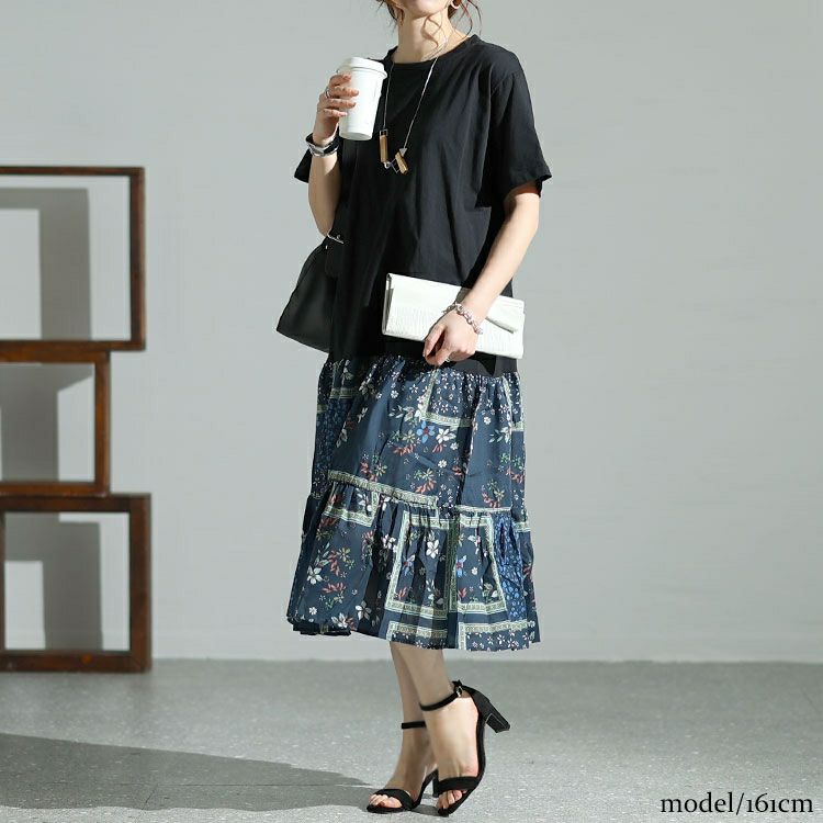 大きいサイズ レディース 花柄切替えティアードワンピース　goldy-1472