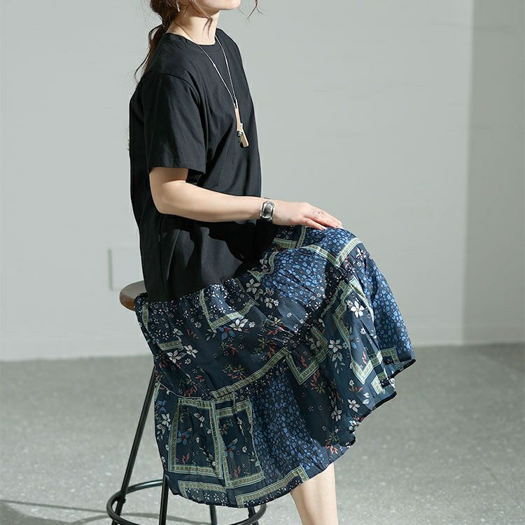 大きいサイズ レディース 花柄切替えティアードワンピース　goldy-1472