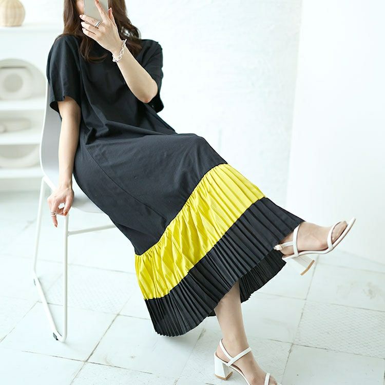 大きいサイズ レディース 裾プリーツ切替えワンピース　goldy-1466 【メール便可】