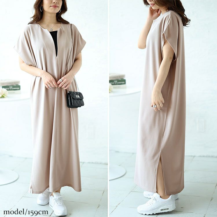 大きいサイズ レディース キーネックフレンチスリーブワンピース　mncut-142037