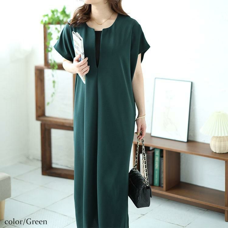 大きいサイズ レディース キーネックフレンチスリーブワンピース　mncut-142037 グリーン