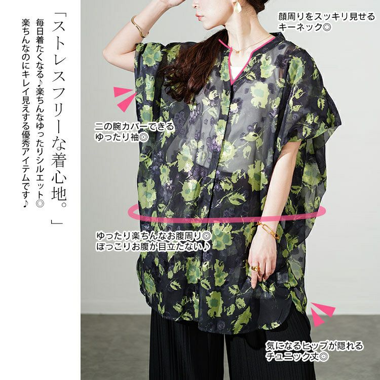 大きいサイズ レディース アート柄シアーブラウスチュニック　sw-0639