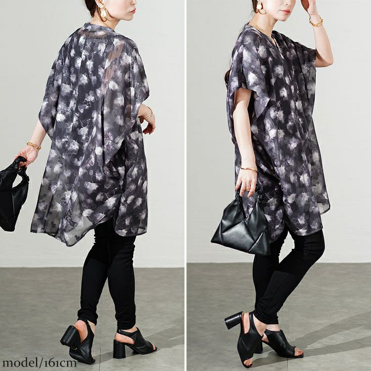 大きいサイズ レディース アート柄シアーブラウスチュニック　sw-0639