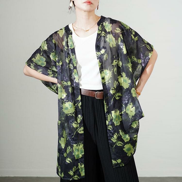 大きいサイズ レディース アート柄シアーブラウスチュニック　sw-0639 グリーン