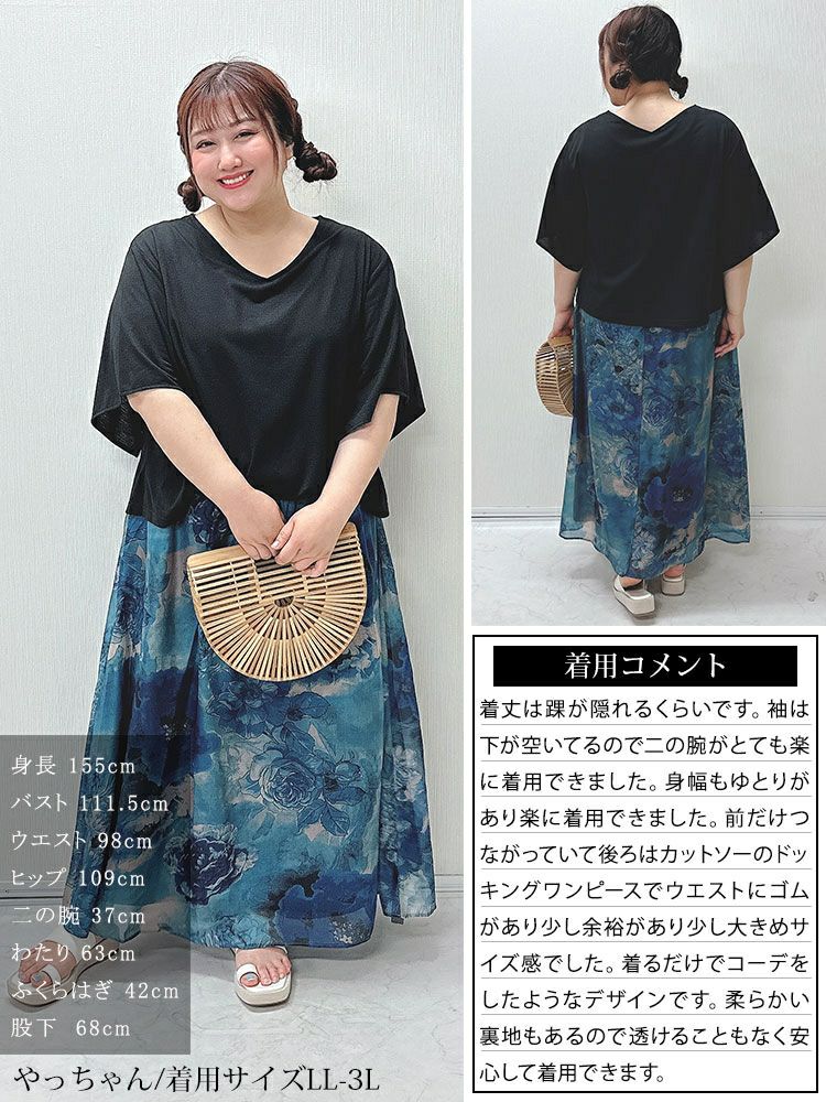 大きいサイズ レディース アートフラワープリントドッキングワンピース　sw-0638