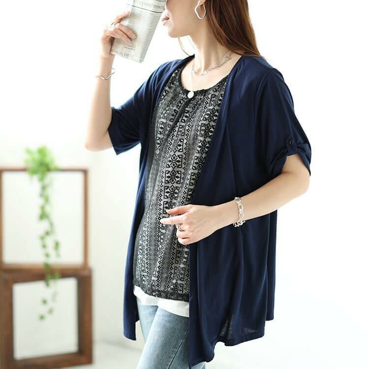 大きいサイズ レディース フェイクレイヤードレースプルオーバー　plan-240058 ネイビー