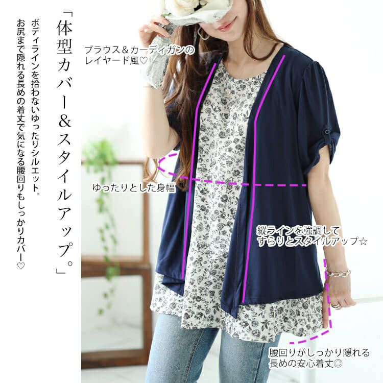 大きいサイズ レディース フェイクレイヤード花柄チュニック　plan-240056