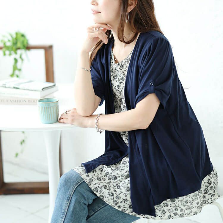 大きいサイズ レディース フェイクレイヤード花柄チュニック　plan-240056