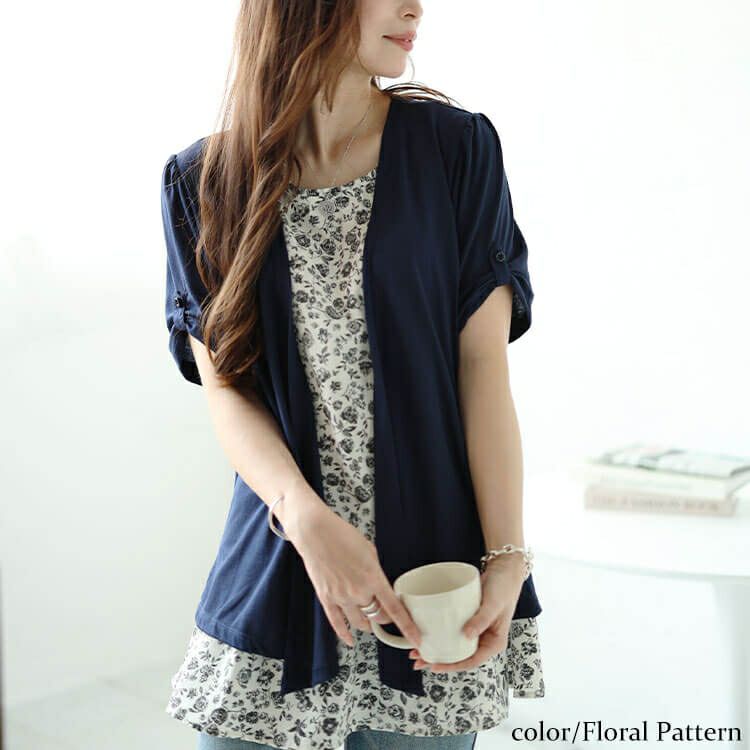 大きいサイズ レディース フェイクレイヤード花柄チュニック　plan-240056