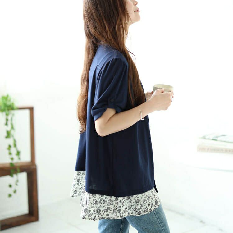 大きいサイズ レディース フェイクレイヤード花柄チュニック　plan-240056