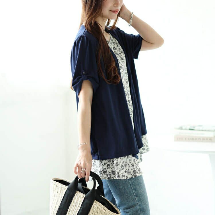 大きいサイズ レディース フェイクレイヤード花柄チュニック　plan-240056