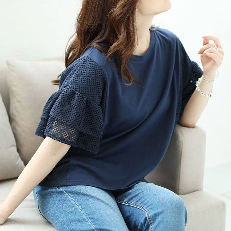 大きいサイズ レディース メッシュレース切替えドルマンプルオーバー　plan-240043 【メール便可】