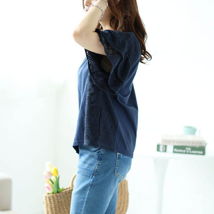 大きいサイズ レディース メッシュレース切替えドルマンプルオーバー　plan-240043 【メール便可】