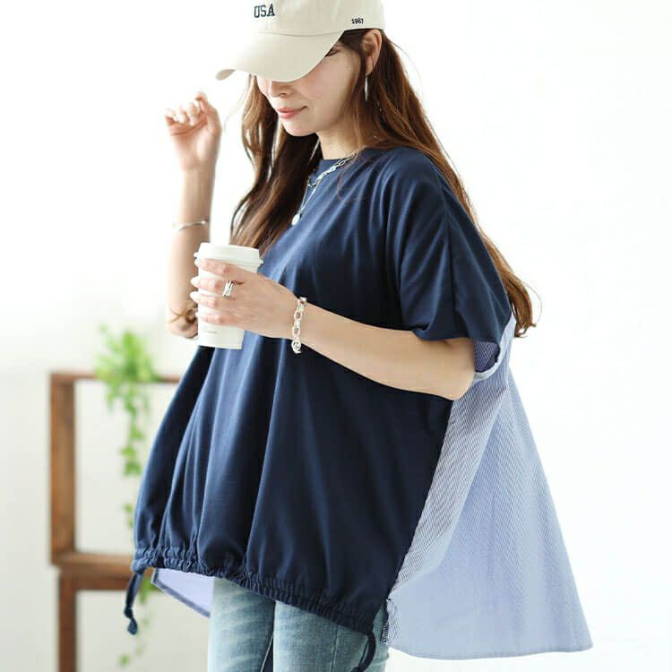 大きいサイズ レディース 異素材切替えドロストドルマンプルオーバー　plan-240042 【メール便可】