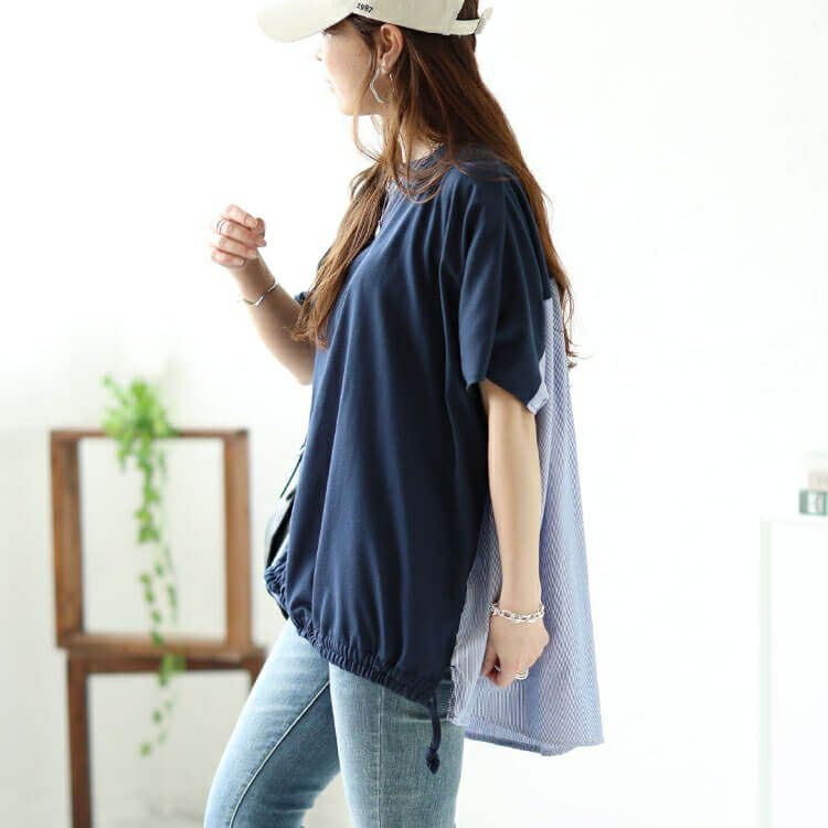 大きいサイズ レディース 異素材切替えドロストドルマンプルオーバー　plan-240042 【メール便可】