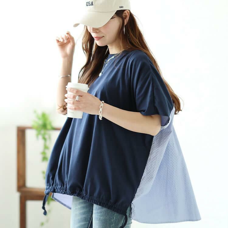 大きいサイズ レディース 異素材切替えドロストドルマンプルオーバー　plan-240042 【メール便可】 ネイビー