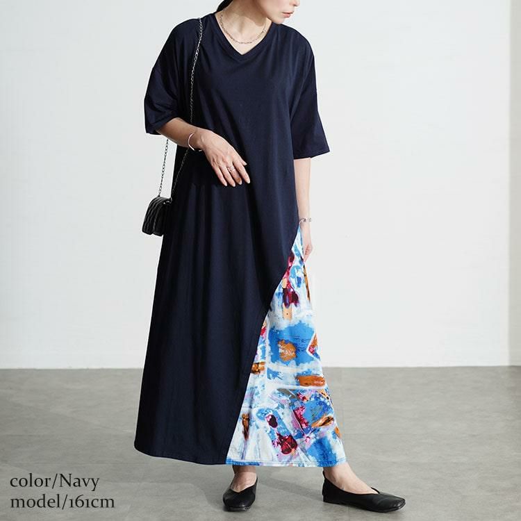 大きいサイズ レディース 接触冷感アートプリント切替えワンピース　kt-7824550 ネイビー