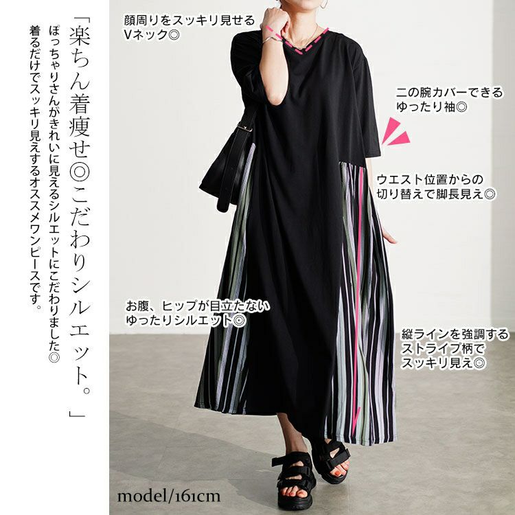 大きいサイズ レディース 接触冷感マルチストライプ切替えワンピース　kt-7824570