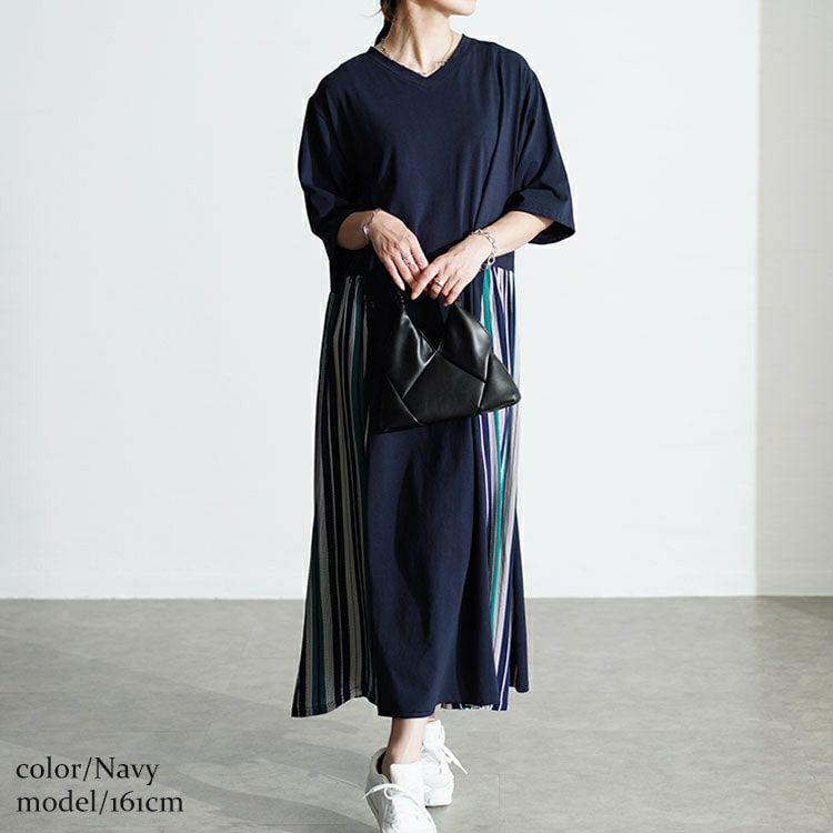 大きいサイズ レディース 接触冷感マルチストライプ切替えワンピース　kt-7824570