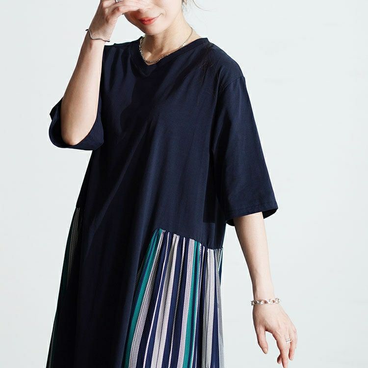 大きいサイズ レディース 接触冷感マルチストライプ切替えワンピース　kt-7824570