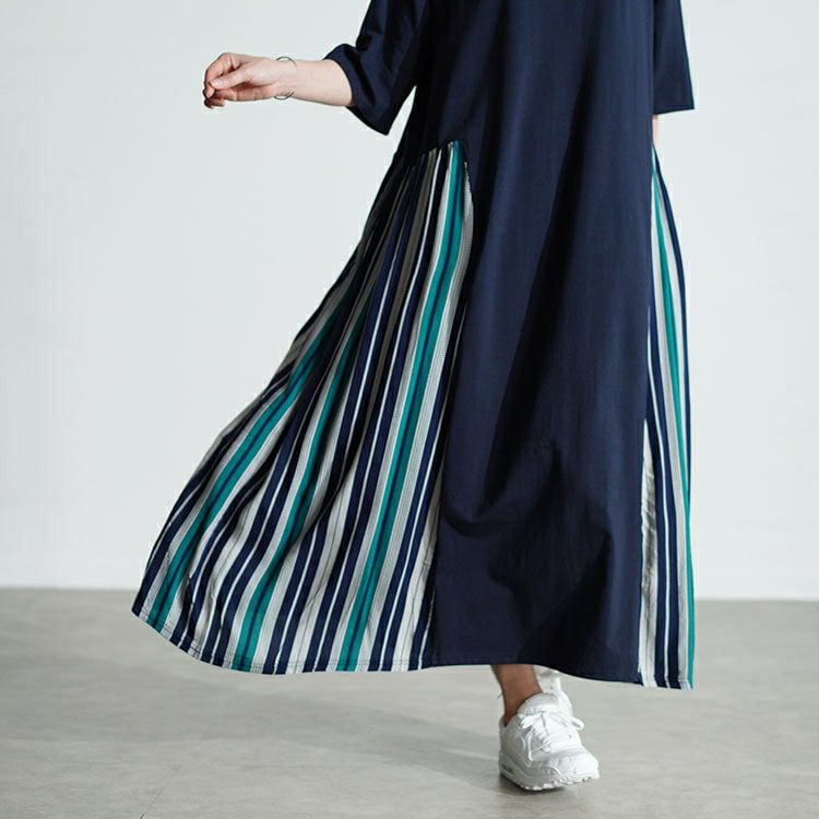 大きいサイズ レディース 接触冷感マルチストライプ切替えワンピース　kt-7824570