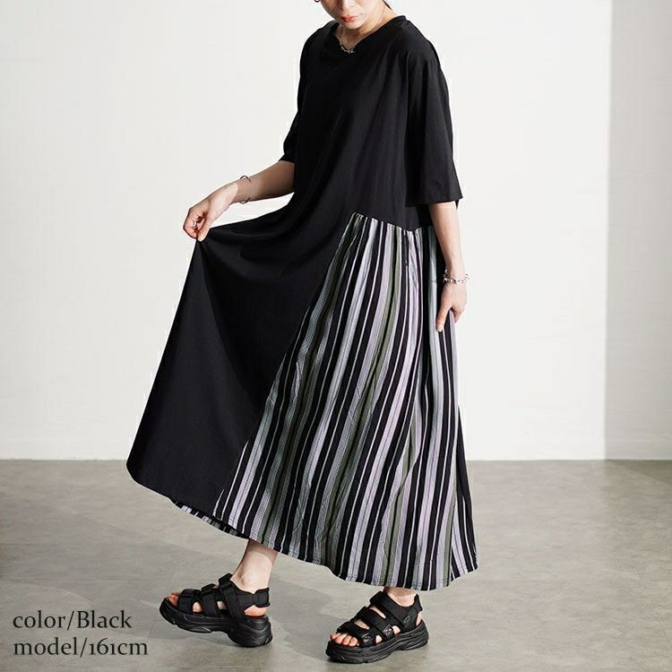 大きいサイズ レディース 接触冷感マルチストライプ切替えワンピース　kt-7824570