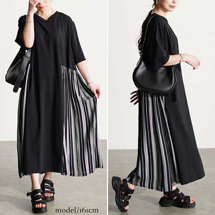 大きいサイズ レディース 接触冷感マルチストライプ切替えワンピース　kt-7824570