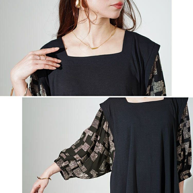 大きいサイズ レディース 接触冷感ジオメトリック柄ボリュームスリーブ切替えワンピース　kt-7824560