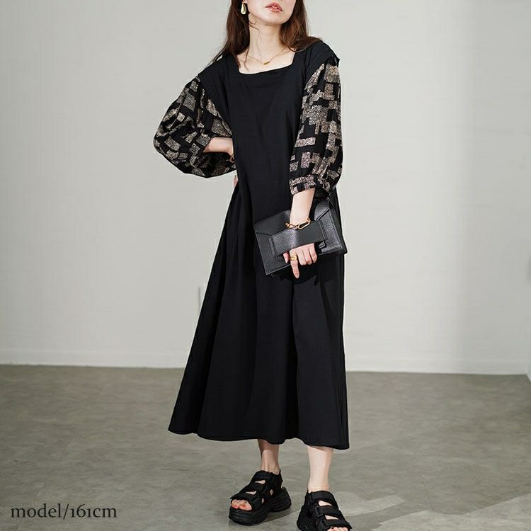 大きいサイズ レディース 接触冷感ジオメトリック柄ボリュームスリーブ切替えワンピース　kt-7824560