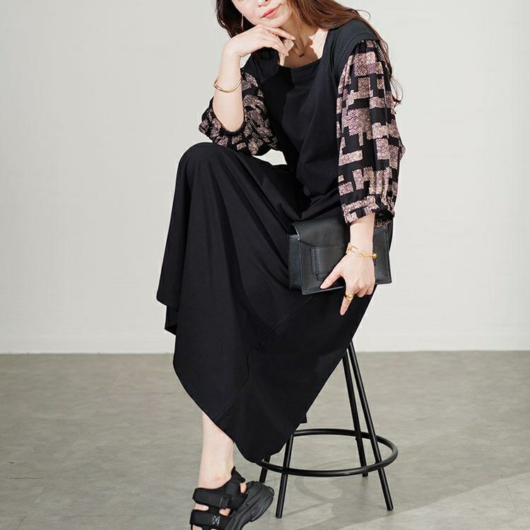 大きいサイズ レディース 接触冷感ジオメトリック柄ボリュームスリーブ切替えワンピース　kt-7824560