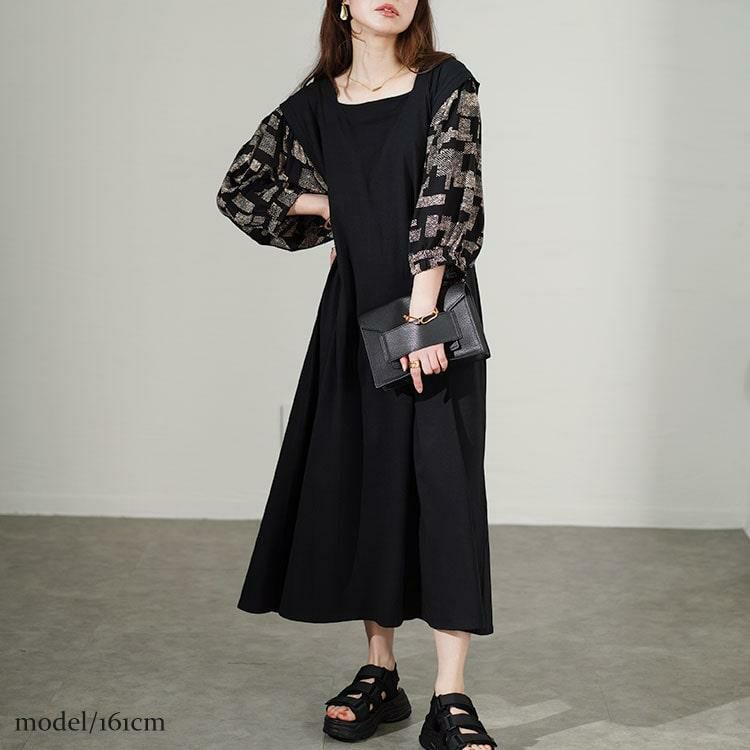 大きいサイズ レディース 接触冷感ジオメトリック柄ボリュームスリーブ切替えワンピース　kt-7824560 ブラック