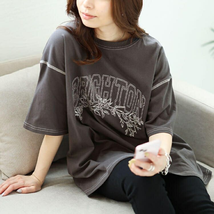大きいサイズ レディース ロゴラメ刺繍コットンTシャツ　cros-130275 【メール便可】