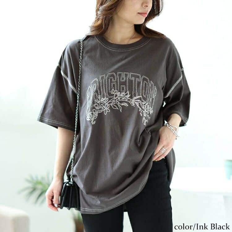 大きいサイズ レディース ロゴラメ刺繍コットンTシャツ　cros-130275 【メール便可】