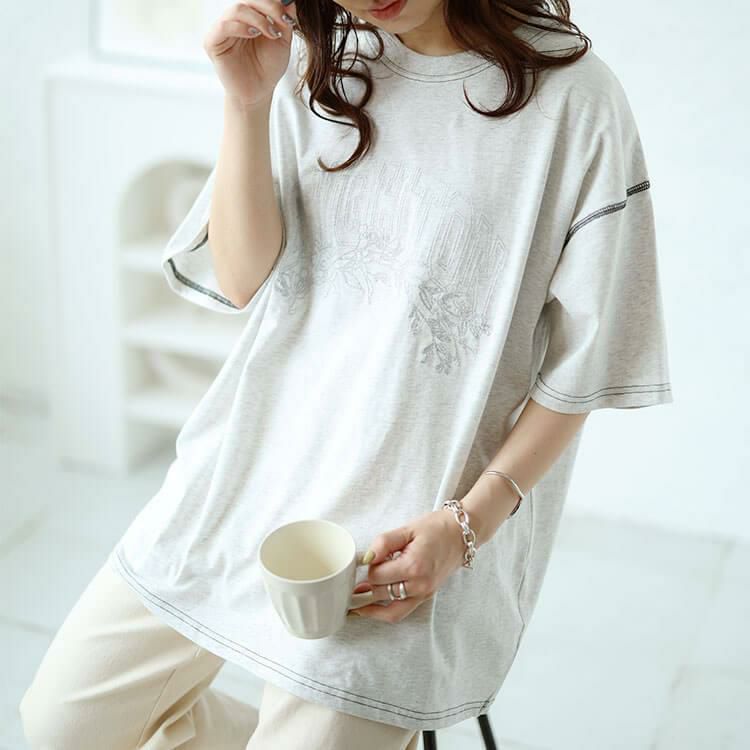 大きいサイズ レディース ロゴラメ刺繍コットンTシャツ　cros-130275 【メール便可】 オートミール