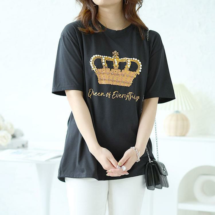 大きいサイズ レディース ビジュー付きロゴTシャツ　goldy-1490 【メール便可】 ブラック