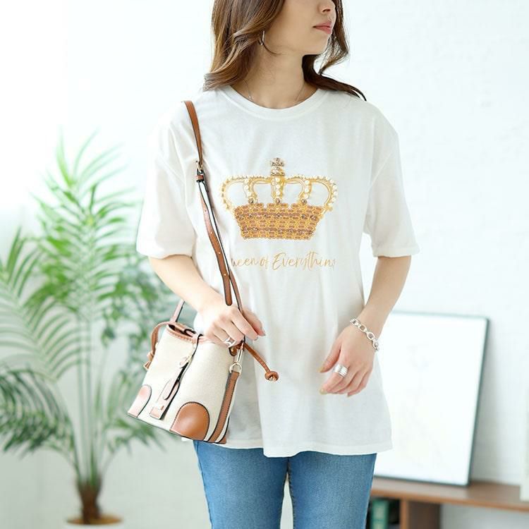 大きいサイズ レディース ビジュー付きロゴTシャツ　goldy-1490 【メール便可】 ホワイト