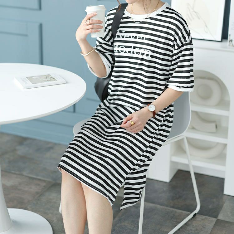 大きいサイズ レディース 英字ロゴボーダーチュニックワンピース　goldy-1480 【メール便可】