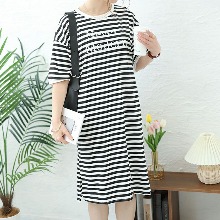 大きいサイズ レディース 英字ロゴボーダーチュニックワンピース　goldy-1480 【メール便可】