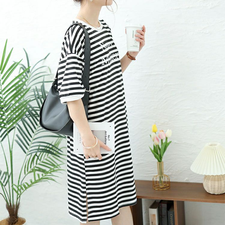 大きいサイズ レディース 英字ロゴボーダーチュニックワンピース　goldy-1480 【メール便可】